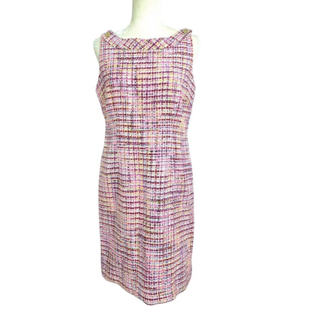 Talbots Women's Pink Multi Sleeveless Tweed Shift Office Work Dress Sz 10 P